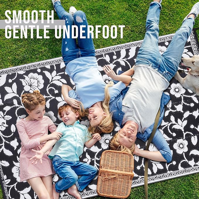 OLANLY Waterproof Outdoor Rug 9x12 ft, Outdoor Plastic Straw Rug with Flower Pattern, Reversible RV Mat for Patio, Camping, Balcony, Deck, Backyard, Black & White