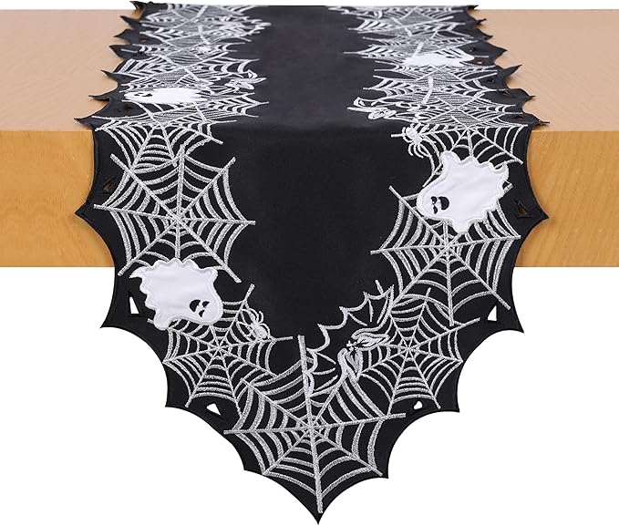 Chlophy Halloween Table Runner Black Spider Web Table Runner Gothic Embroidered for Kitchen Dining Halloween Décor Home Party Table Decoration 36in