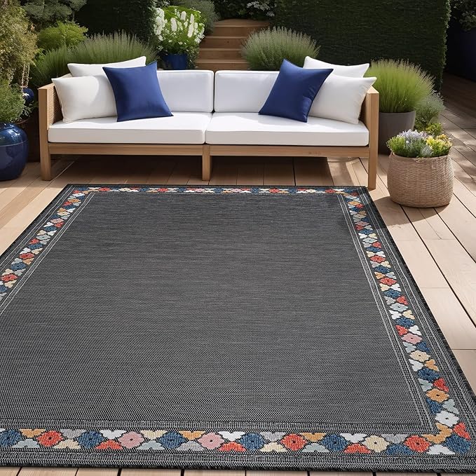 Beverly Rug Outdoor Rug 6x9 Modern Bordered Area Rugs for Indoor and Outdoor Patio Easy to Clean Non Shedding Living Room Porch Garden Washable Outside Carpet (6 x 9 Dark Gray)