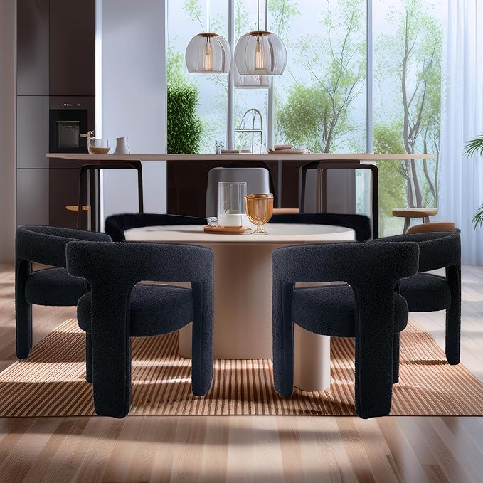 Black Sherpa Dining Chairs Set of 2, Modern Barrel Dining Room Chairs Upholstered Faux Fur Accent Chair with Arms and Round Back for Living Room Kitchen Armchair No Assembly Needed