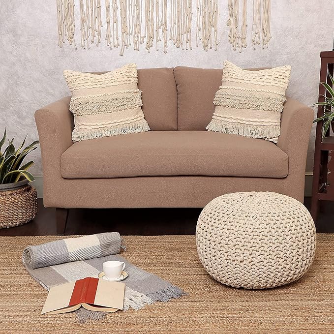 REDEARTH Round Pouf Ottoman - Cable Knitted Boho Poof - Home Décor Cord Pouffe Handmade Circular Footrest for Living Room - Bedroom - Kids Bedroom - 100% Cotton Pouf (18" x 18" x 14") - Ivory
