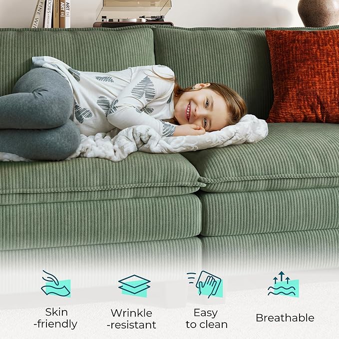 LINSY HOME Modular Sectional Sofa - 123'' Oversized Corduroy Cloud Couch L Shaped Couch with Movable Ottoman Soft Modern Comfy Sofa for Living Room Apartment Office, Green