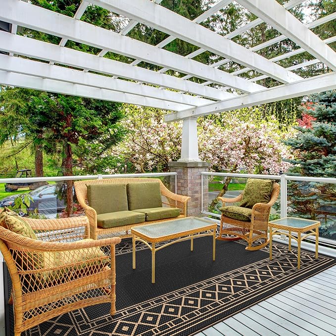 GENIMO Outdoor Rug 5'x8' Waterproof for Patio, Reversible Outdoor Plastic Straw Rug Carpet, Camping Mats for Outdoor Decor, RV, Backyard, Deck, Balcony, Picnic, Black & Brown