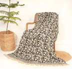 Handmade Cotton Throw Blanket 55x80 Inches | Black & Beige Floral Block Print Decorative Sofa Throw with Tassels | Large Lightweight Cotton Bedspread for Living Room, Couch, or Bedroom