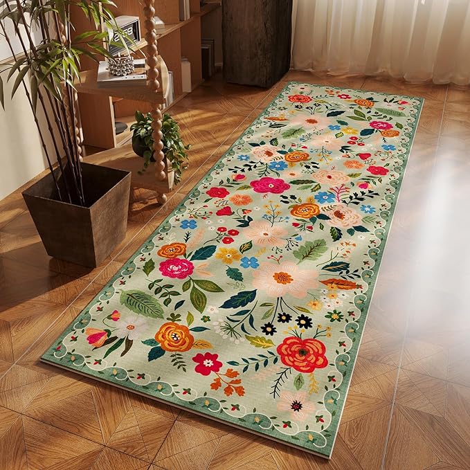 Runner Rug for Hallways Kitchen Rug Non Slip 2'6''x8' Washable Runner Rugs with Rubber Backing Soft Floral Carpet Runner for Hallways, Kitchen, Laundry, Bedroom, Bathroom(Green)