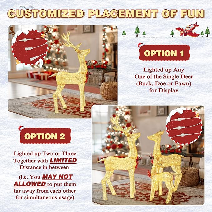 4.5FT Lighted Reindeer Family Set for Christmas Decoration, 3 Pieces Pre-Lit Iridescent Deer with 200 LED Lights, 3D Glittered Standing Holiday Display for Outdoor, Indoor, Golden