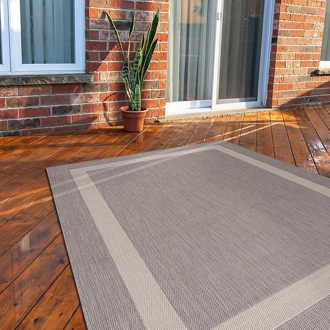 CAMILSON Outdoor Rug 8x10,Modern Outside Rugs for Patios Porches Waterproof Durable Washable Non-Shedding, Easy-to-Clean Indoor Outdoor Area Carpet (8 x 10, Bordered - Gray/White)