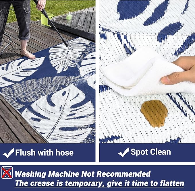 GAOMON Outdoor Plastic Straw Rug 9x18 Waterproof Patio Rug Reversible Camping Mat, Foldable Portable RV Picnic Carpet with Bag & 4 Stakes, UV Resistant Outside Carpet for Deck Balcony, Blue