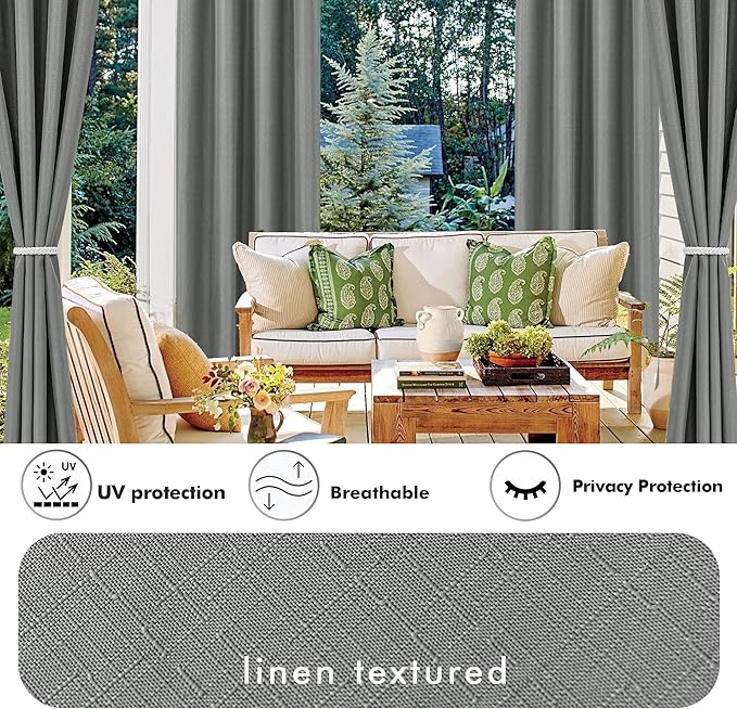 HolidayIdeas 4 Panels Linen Outdoor Curtains for Patio Waterproof Curtains 95 Inch Length-Indoor/Outdoor Curtains Weatherproof, Privacy for Pergola, Porch, Gazebo-110 Wide x 95" Long Light Grey