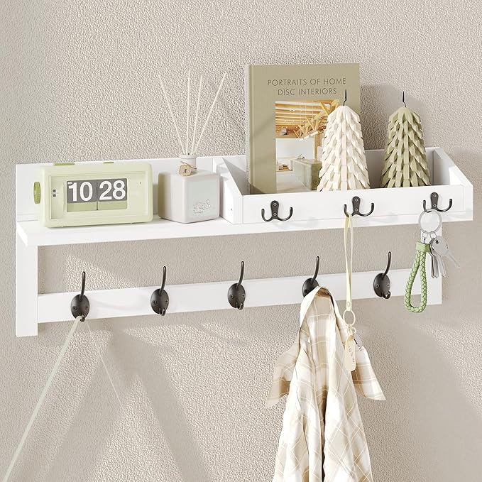 AMBIRD 26.57-Inch Wall Hanging Shelf With Coat Hooks - Entryway Wood Rack With 5 Dual Hooks, 3 Key Hooks, Mail Organizer and Key Holder (White)