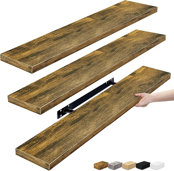 Sorbus Floating Shelves for Wall - 35 Inch Long Bathroom Shelves, Wall Decor for Bedroom, Kitchen, Living Room & Book Storage - Mounted Floating Shelf with Invisible Brackets (Rustic Brown, 3 Pack)