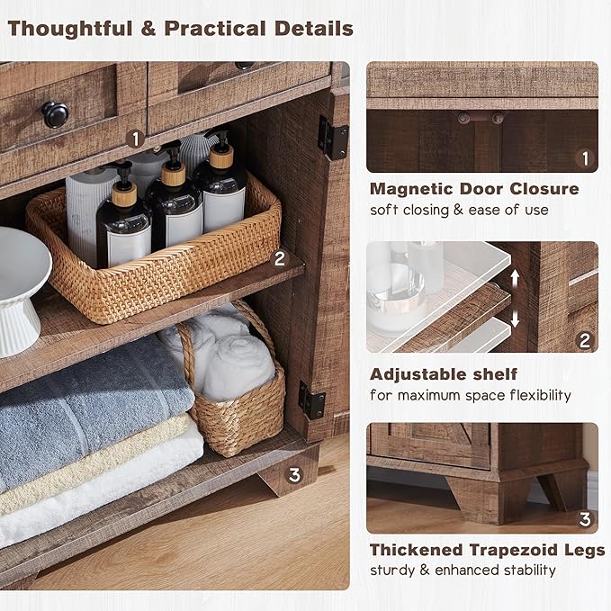 Bathroom Floor Cabinet, Farmhouse 24" Wide Cabinet with Drawer, Adjustable Shelf, Barn Doors, Cabinets for Bathroom, Kitchen, Living Room, Rustic Brown