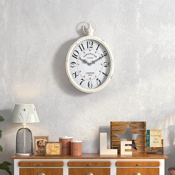 Menterry Oval Retro Wall Clock, Rustic Vintage Style, White Antique Design, Battery Operated Silent Decor Large Wall Clocks for Kitchen,Farmhouse,Office (15.5" H x 10.5" W)