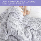Bigacogo Chunky Knit Throw Blanket for Couch, 60x80 inches, 100% Hand Knitted with Thick Jumbo Chenille Yarn, Cozy Soft Large Rope Knot Cable Crochet Blankets for Sofa Bed Living Room, Light Grey