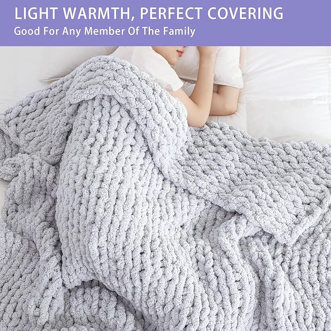 Bigacogo Chunky Knit Throw Blanket for Couch, 60x80 inches, 100% Hand Knitted with Thick Jumbo Chenille Yarn, Cozy Soft Large Rope Knot Cable Crochet Blankets for Sofa Bed Living Room, Light Grey