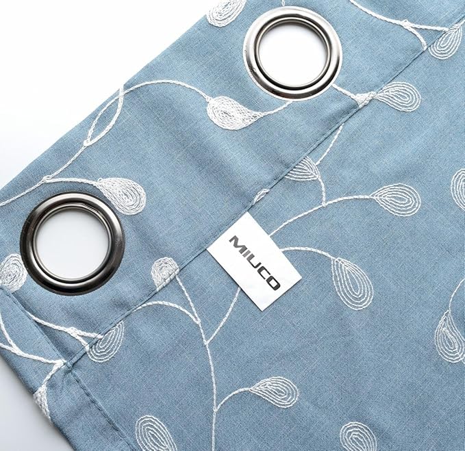MIUCO Floral Embroidered Semi Sheer Curtains Faux Linen Grommet Window Curtain for Living Room 52 x 84 Inch 2 Panels, Dusty Blue