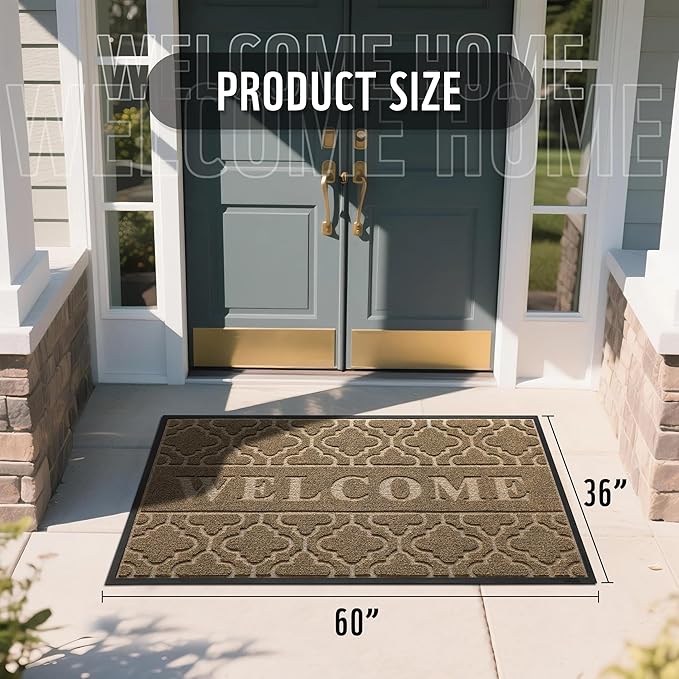 Yimobra Welcome Mat Outdoor Indoor, All-Season Waterproof Front Door Mat Outside Entrance, All-Weather Heavy Duty Non-Slip Doormat, Low Profile Porch Patio Entrance Mats, 60x36, Coffee