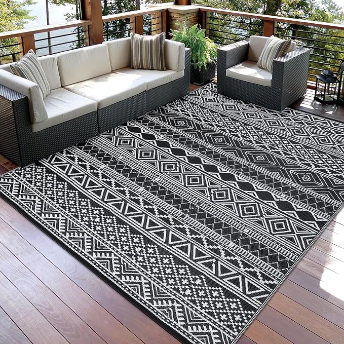 GAOMON Reversible Outdoor Rug 9'x18' Waterproof Plastic Straw Rug, Patio Rug, Large Modern Area Rug Carpet, Indoor Outdoor Rugs for Camping, Porch, Deck, Balcony, Backyard, Black/White(Bohemia)