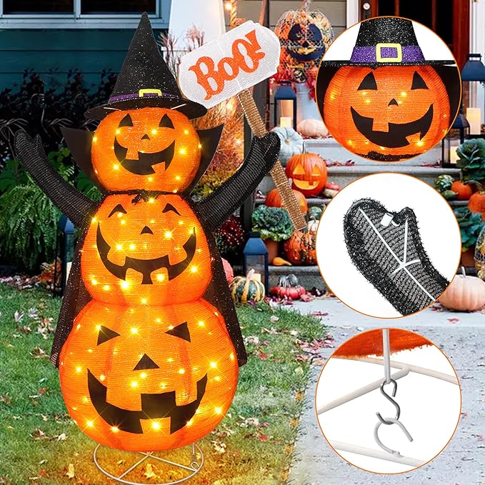 Halloween Decoration 4.3FT Retractable Jack-O-Lantern, 100 LED Collapsible Pumpkin Lantern with Black Star Hat, Plug in Halloween Lights with Stand for Indoor Outdoor Lawn Backyard Garden Decor