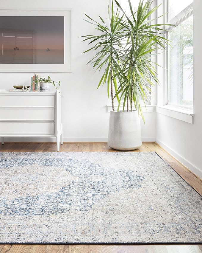 Loloi Layla Collection LAY-07 Blue/Tangerine 2'-6" x 9'-6" .13" Thick Runner Rug, Soft, Durable, Vintage Inspired, Distressed, Low Pile, Non-Shedding, Easy Clean, Printed, Living Room Rug