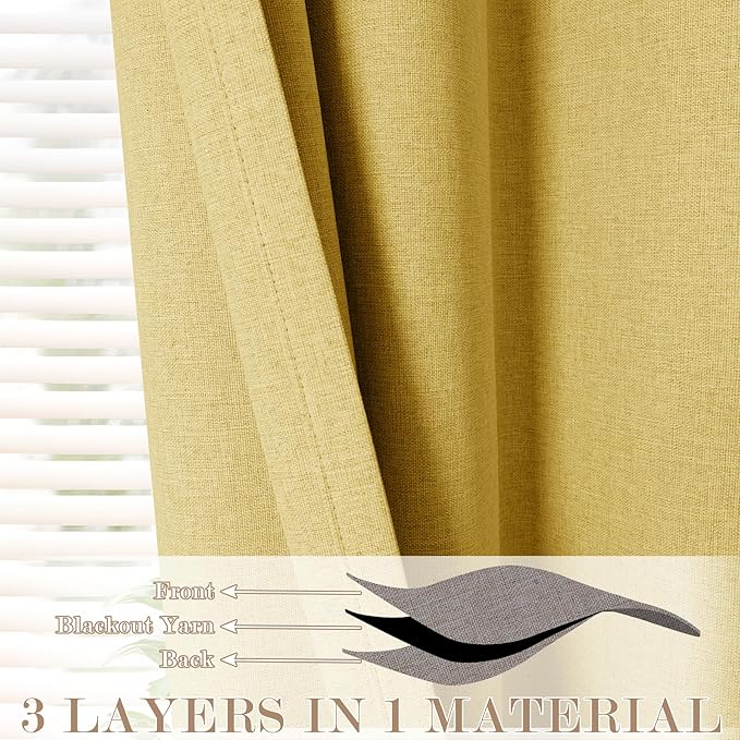 100" W x 96" L Faux Linen Room Divider Curtains, Full Blackout Pinch Pleated Drapes for Traverse Rod, Bedroom Divider Privacy Drapery with Hooks for Ceiling Track, 1 Panel, Yellow