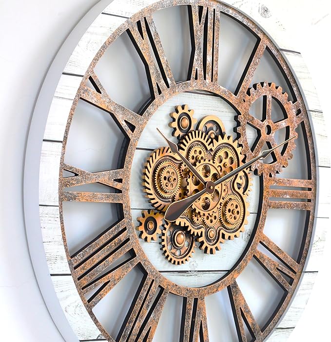 The Gears Clock 36'' Inch Real Moving Gear Wall Clock Vintage Industrial Oversized Rustic Farmhouse (White Farmhouse)