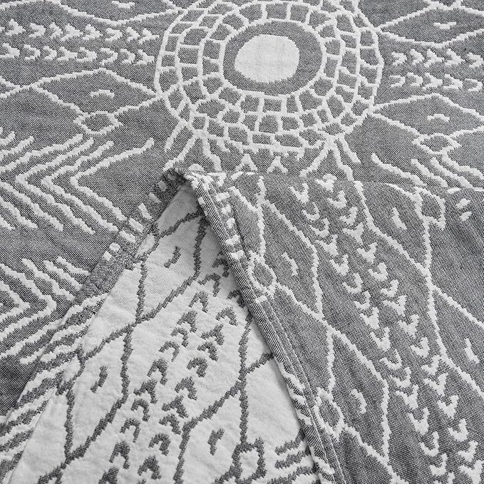 jinchan Boho 100% Cotton Muslin 50x60 Throw Blanket Lightweight 3 Layer Grey Blanket Washable Reversible Breathable Decorative Geometric Striped Patterned Gray Soft Cozy for Sofa Bed All Season Gift