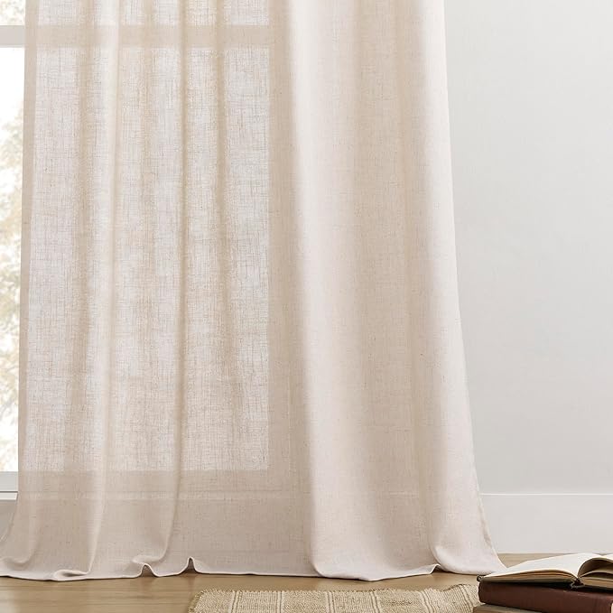 Joydeco Linen Curtains for Living Room,Semi Sheer Drapes Window Long Curtains 108 inches Long Pink Beige