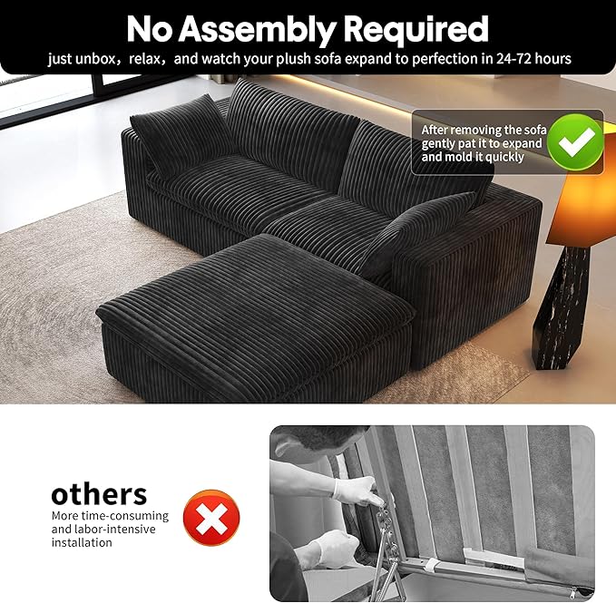 78.74" L Shaped Modern Sofa Modular Sectional Cloud Couch with Ottoman,Upholstered Couches with Plush Corduroy Fabric for Living Room Furniture,Bedroom and Apartment,No Assembly Required,Black