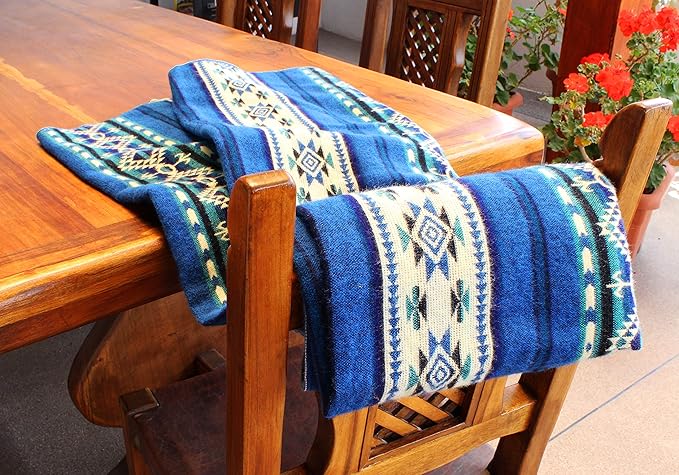 Inca Aztec Throw, Queen, King Blanket | Southwest Indian Navajo Boho Style | Native Cover for Camping, Bedding, Couch, Vanlife | Faux Alpaca, Lightweight, Hypoallergenic (Kocha Blue, Queen)