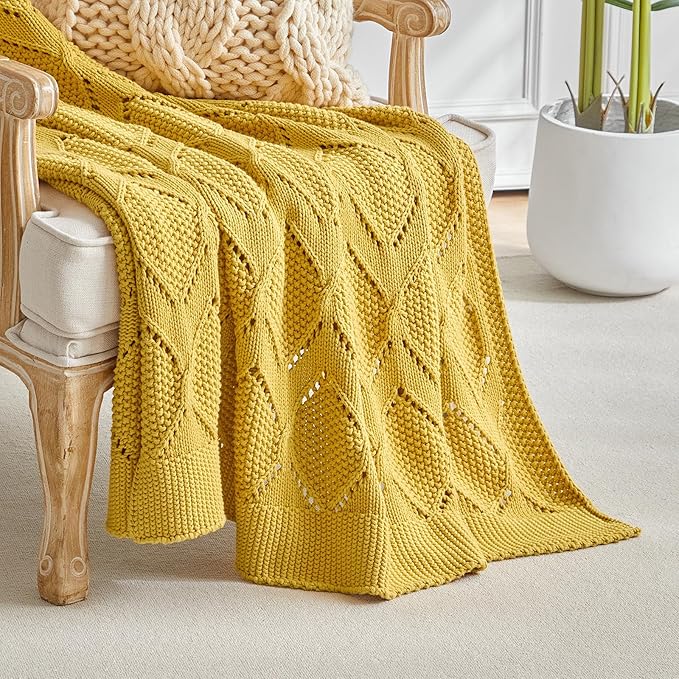 Longhui bedding Chunky Cotton Knit Throw Blanket for Couch, Sofa, Bed, or Chair, Decorative Breathable Fall Cable Knit Blanket 60 x 80 Inches, Large Mustard Yellow