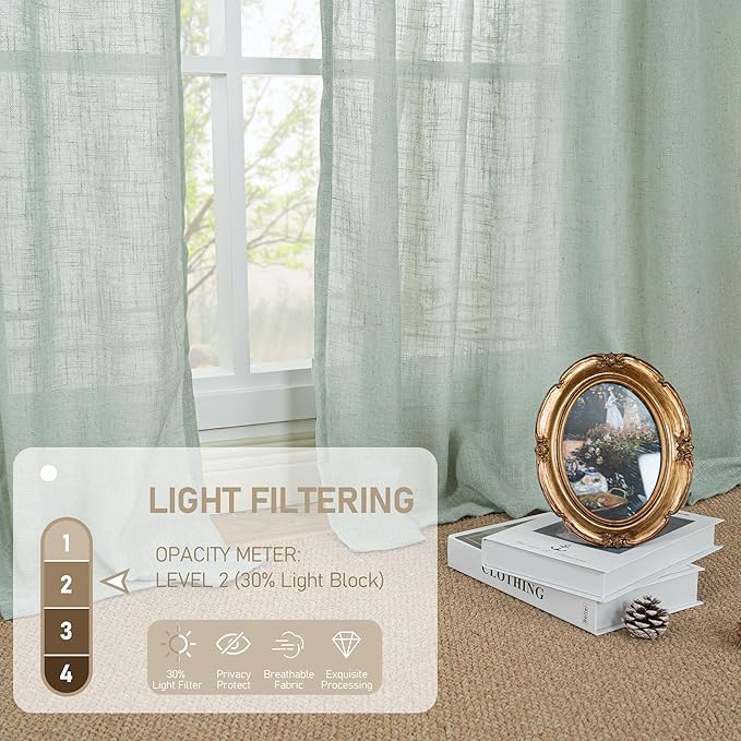 LAMIT Light Sage Linen Curtains 90 Inch for Bedroom, Bronze Grommet Linen Textured Semi Sheer Curtains Light Filtering Drapes for Living Room/Farmhouse, 2 Panels, 52 x 90 Inch