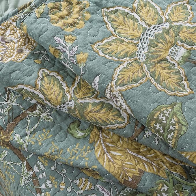 NEWLAKE Cotton Bedspread Quilt Sets-Reversible Patchwork Coverlet Set, Green Floral Pattern, King Size
