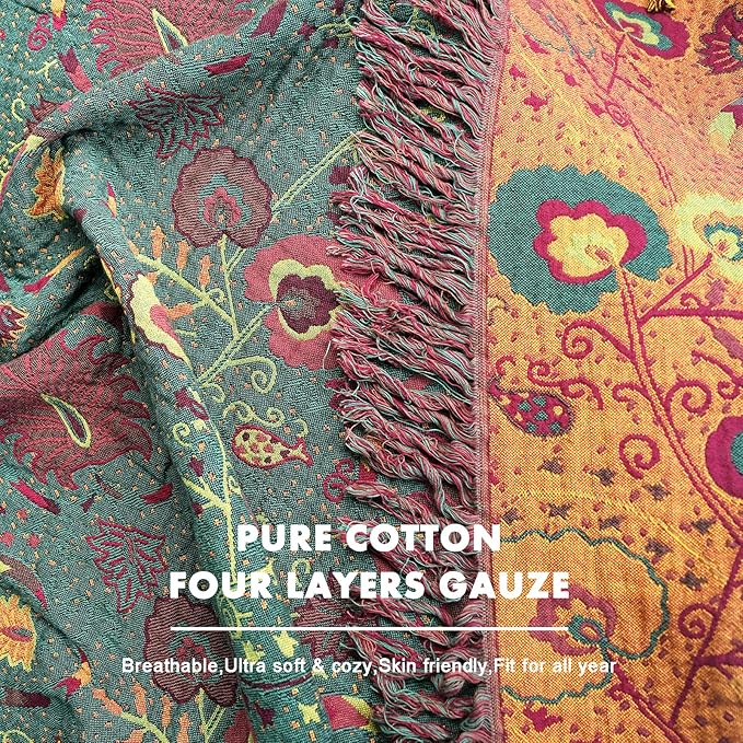 MSGKV Cotton Bed Blanket for Couch and Sofa Blankets for Living Room Bedroom Reversable Florals Throw 90"x98" Breathable Cozy Boho Blankets