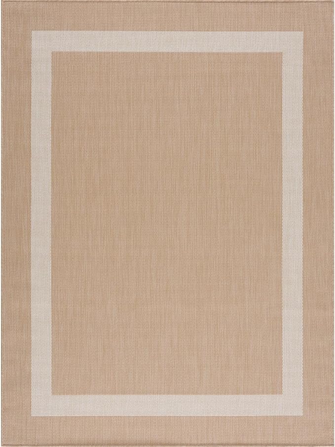 CAMILSON Outdoor Rug 10x14, Large Modern Outside Rugs for Patios Porches Waterproof Durable Washable Non-Shedding, Easy-to-Clean Indoor/Outdoor Area Carpet (10 x 14, Bordered - Beige/White)