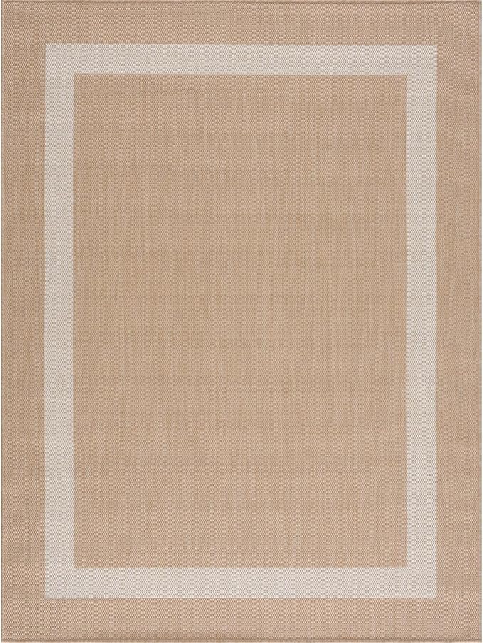 CAMILSON Outdoor Rug 8x10, Modern Outside Rugs for Patios Porches Waterproof Durable Washable Non-Shedding, Easy-to-Clean Indoor Outdoor Area Carpet (8 x 10, Bordered - Beige/White)