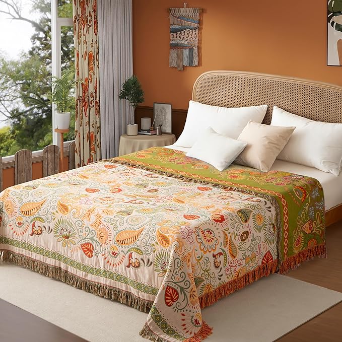 Boho Throw Blanket Queen Size, Oversized Soft Cozy Cotton Muslin Quilt Blanket for Bed Decor, Floral Patterned Couch Sofa Chair Cover, Vintage Farmhouse Cottage Woven Blanket, Coral&Green