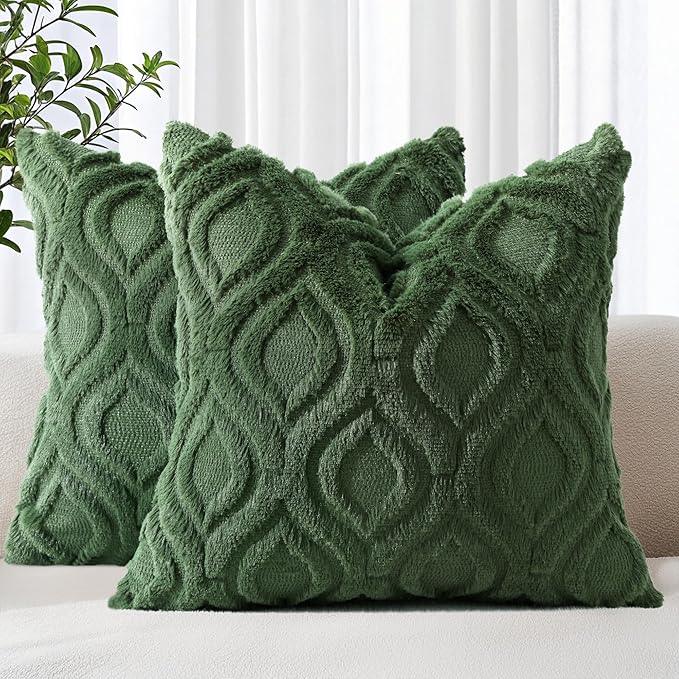 decorUhome Throw Pillow Covers 24x24 Inch Set of 2, Soft Plush Decorative Faux Fur Forest Elf Solid Couch Pillow Covers, Accent Farmhouse Neutral Square Euro Pillow Cases for Sofa Bed Living Room