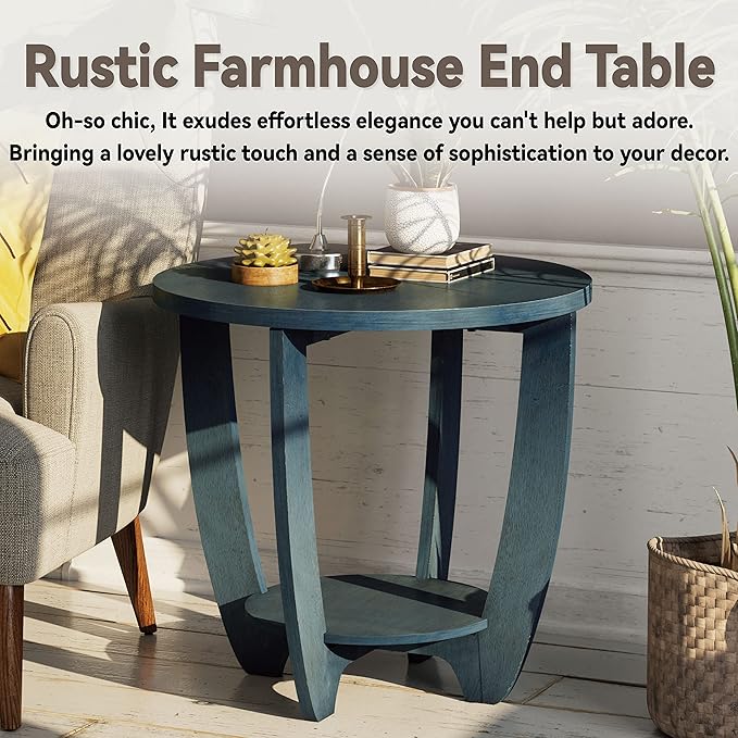 Rustic Farmhouse End Table with Storage Shelf, French Country Accent Side for Family, Dinning or Living Room, Small Spaces, Modern, Round, Vintage Blue Finish, Curved Leg