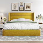 Allewie Queen Size Lift Up Storage Bed, Modern Wingback Headboard, Hydraulic Support, No Box Spring Needed, Olive Yellow