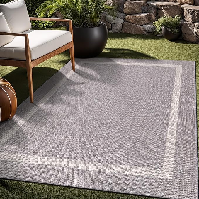 Bordered Outdoor Rug 8x10 Washable Outside Carpet for Indoor Patio Porch Waterproof Easy Cleaning Non Shedding Area Rugs Gray 8 x 10