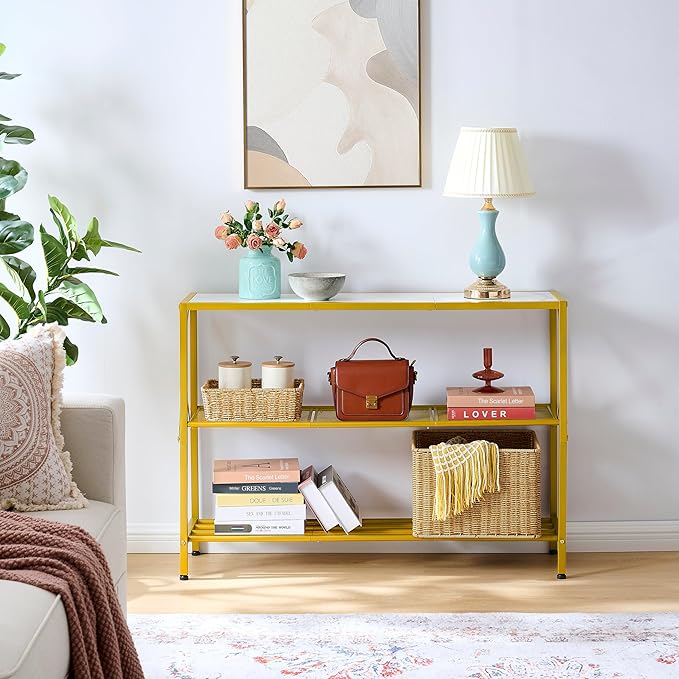Hoctieon Gold Console Table, 3 Tier Entryway Table, Hallway Table, Narrow Sofa Table with Shelves, Entrance Table for Entryway, Gold and White