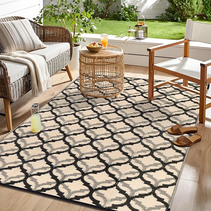 OLANLY Reversible Outdoor Rug 9x12 ft Clearance, Waterproof Outdoor Plastic Straw Rug with Interlacing Pattern, RV Mat for Patio, Camping, Balcony, Deck, Backyard, Black & Beige