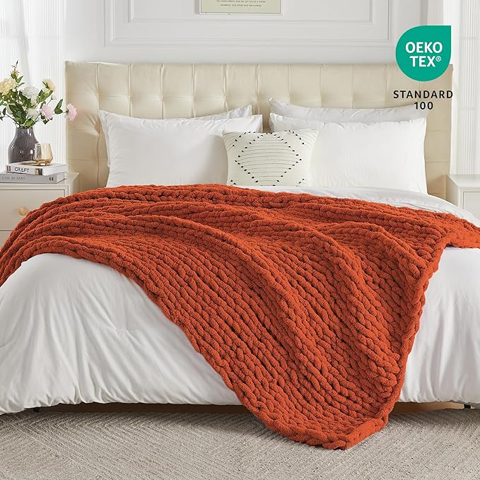 Carriediosa Chunky Knit Throw Blanket 60" X 80" Twin, 100% Hand Made Large Chenille Loop Yarn Soft Fluffy Throws for Couch Sofa Bed, Big Crochet Cozy Heavy Thick Cable Woven Blankets, Rust