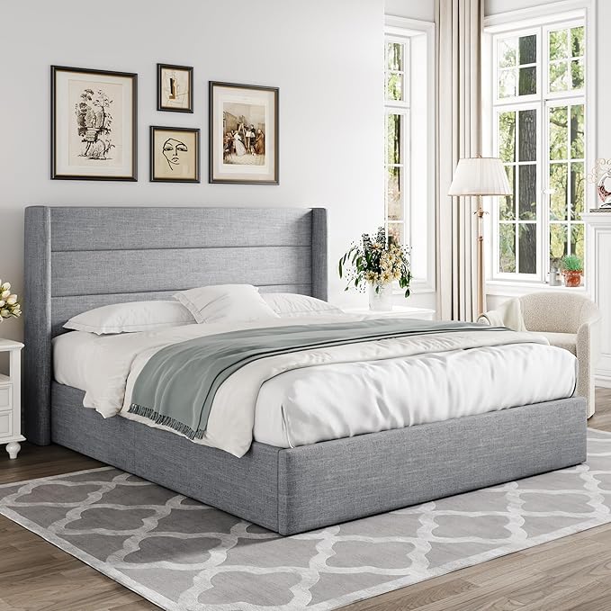 Allewie Full Size Lift Up Storage Bed, Modern Wingback Headboard, Hydraulic Support, No Box Spring Needed, Light Grey
