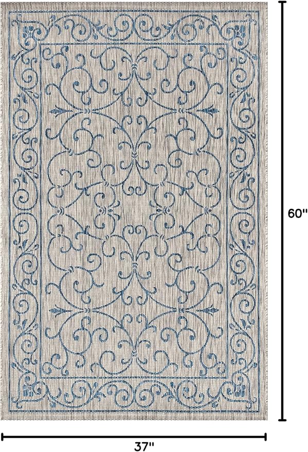 JONATHAN Y Vintage Filigree Indoor Outdoor Area Rug 3X5 Gray/Navy, Charleston Textured Weave for Backyard, Patio, Porch, Easy-Cleaning, High Traffic, Pet-Friendly, Non-Shedding (SMB106C-3)
