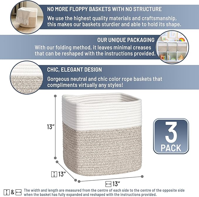 NaturalCozy 13 Inch Cube Storage Bins Cotton Rope Woven Baskets for Organizing 3-Pack | 13 x 13 Storage Cubes | Fabric Square Storage Baskets for Shelves Organizer, Kids Toy Bins, Closet Baby Nursery