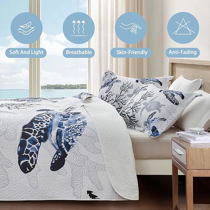 Coastal Bedding Twin Size Coastal Quilt with Shams, Nautical Beach Comforter Sets Ocean Bedspreads Blue Seaturtle Coverlet Summer Bedding, 68''x86''
