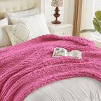 Carriediosa Chunky Knit Throw Blanket 60" X 80" Twin, 100% Hand Made Large Chenille Loop Yarn Soft Fluffy Throws for Couch Sofa Bed, Big Crochet Cozy Heavy Thick Cable Woven Blankets, Hot Pink