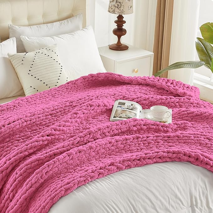 Carriediosa Chunky Knit Throw Blanket 60" X 80" Twin, 100% Hand Made Large Chenille Loop Yarn Soft Fluffy Throws for Couch Sofa Bed, Big Crochet Cozy Heavy Thick Cable Woven Blankets, Hot Pink